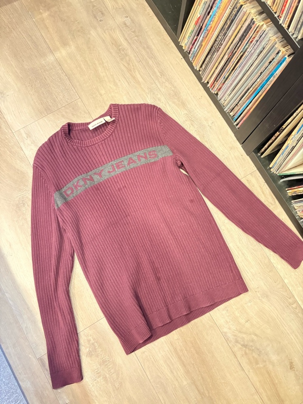 Vintage Dkny Ribbed Crewneck Sweater in Plum with Silver Logo Band